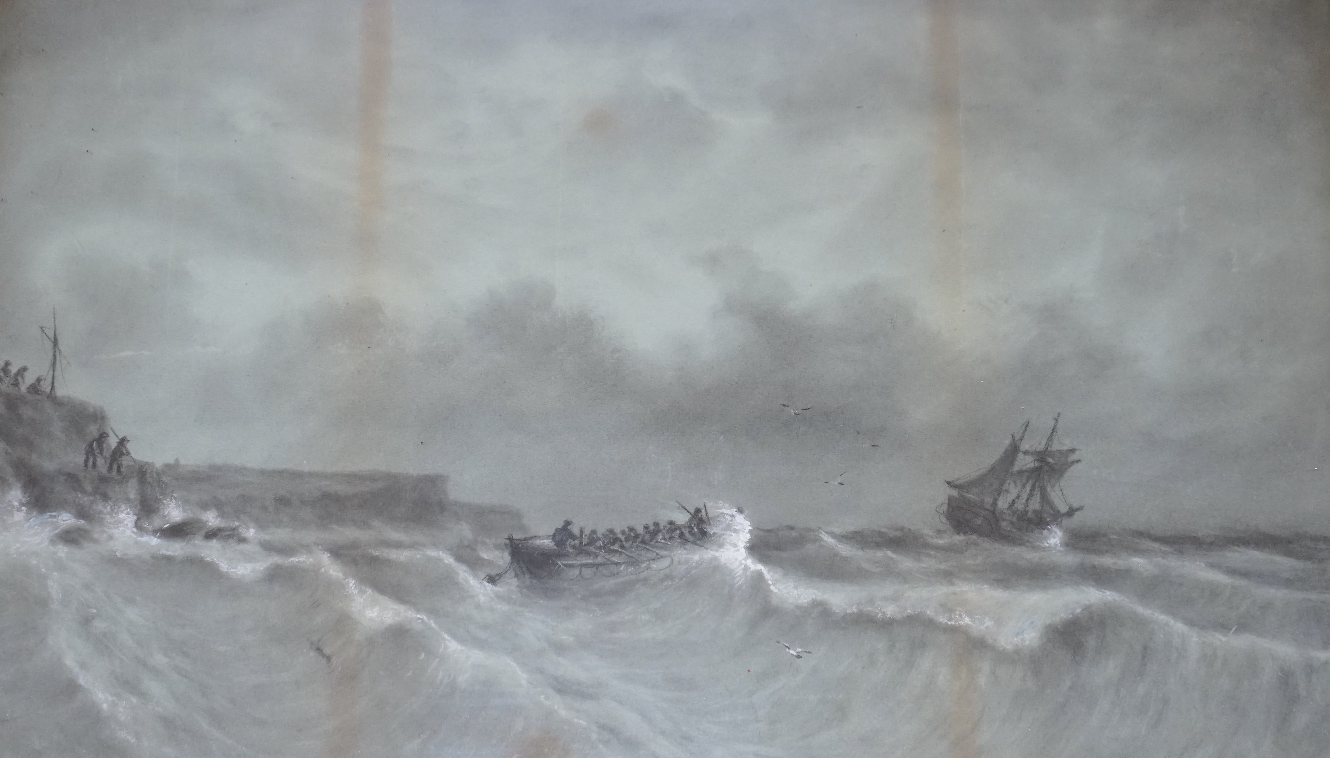 L.F. Brakeman, charcoal and chalk, Lifeboat and shipwreck at sea, signed, 40 x 67cm